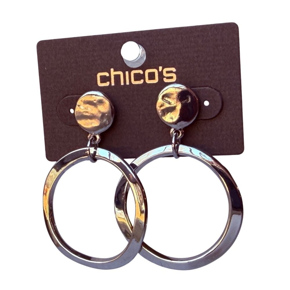 Vintage Y2K Chico's Silver Tone Hammered Disc Smooth Hoop Dangle Earrings NOS‎